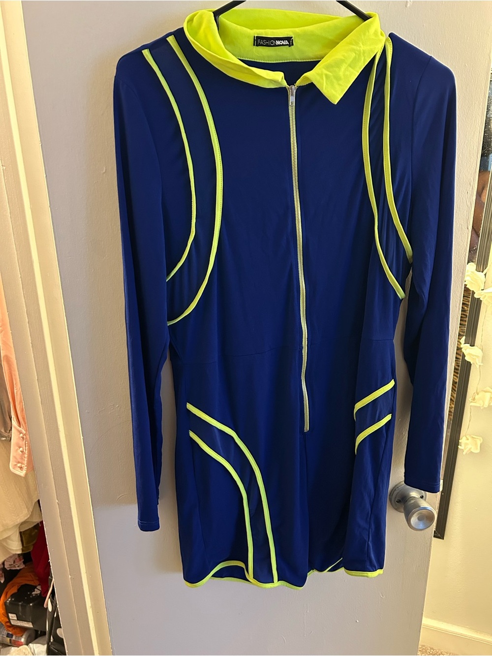 Fashion Nova Royal Blue Hooded Zip Romper with Neon Yellow Trim